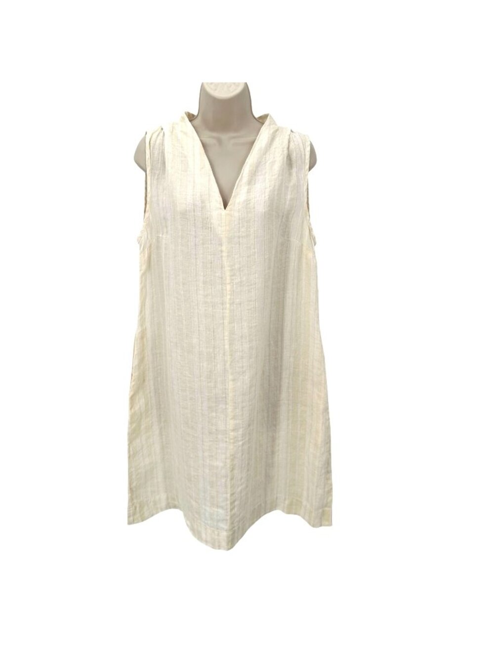 NWOT Flax Womens Yellow Ivory Striped Sleeveless V-Neck 100% Linen Shift Dress S